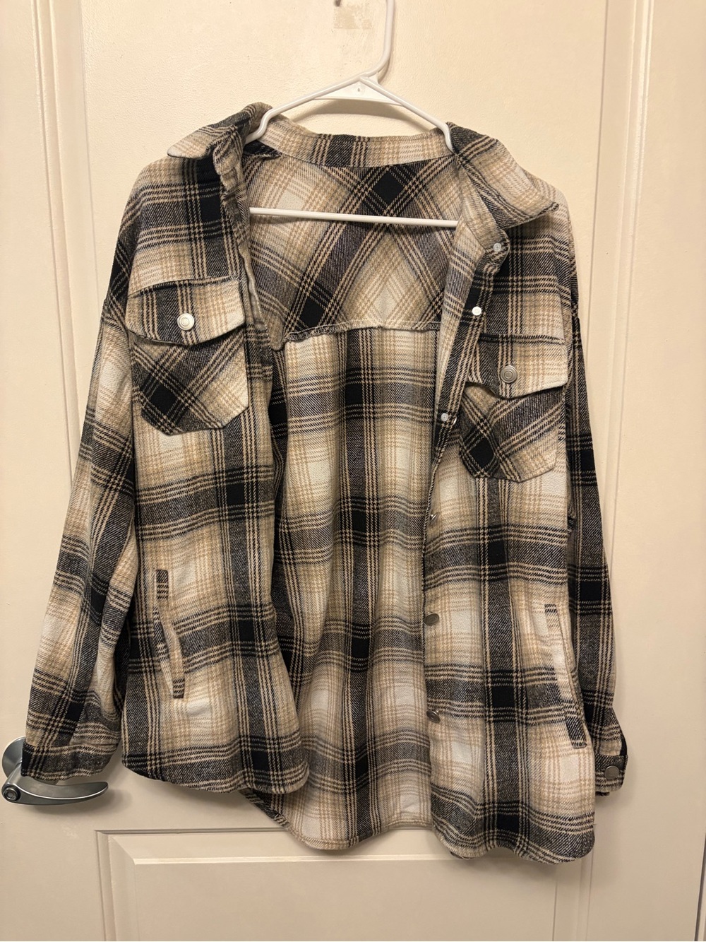 Plaid Button-Up Shacket in Beige and Black